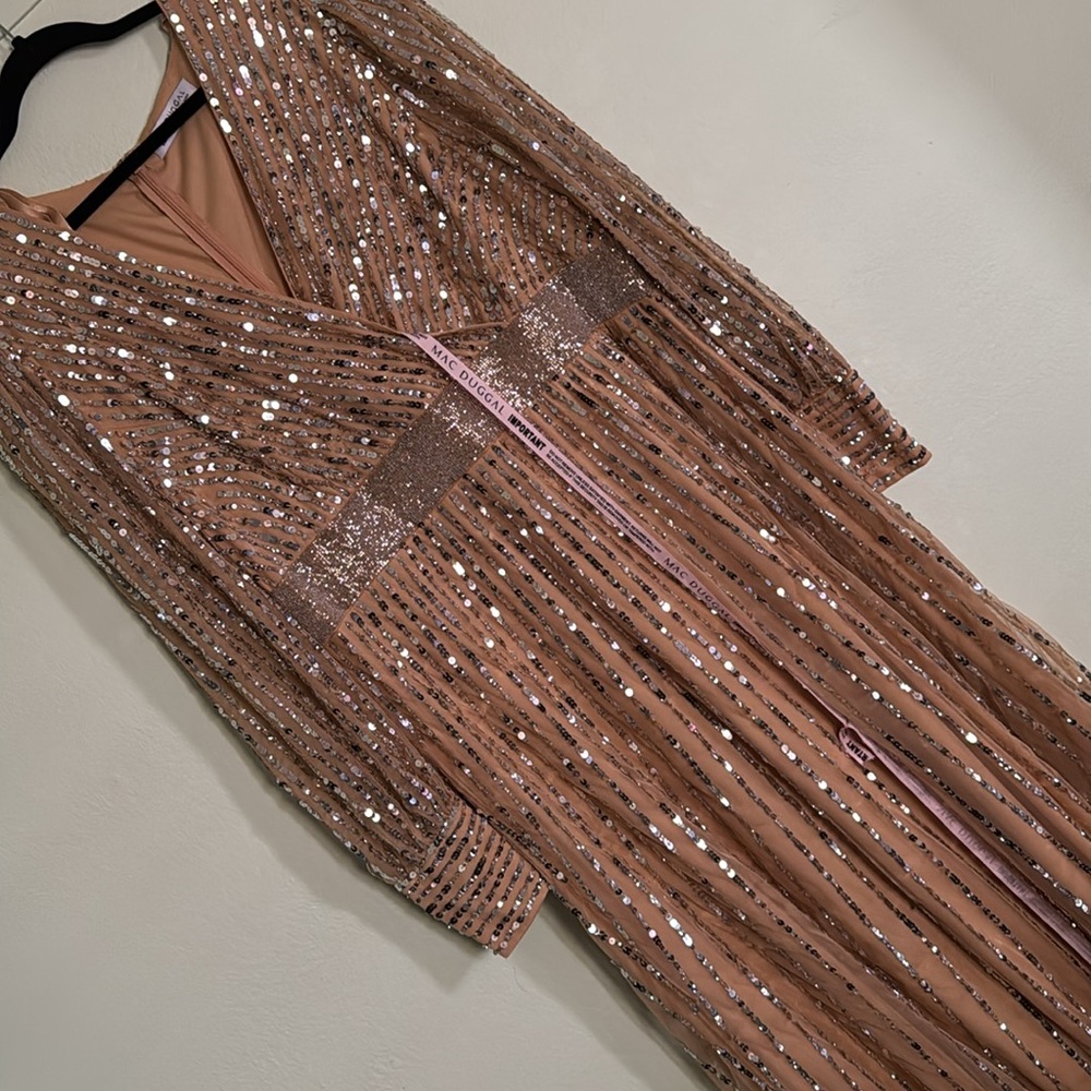 MAC DUGGAL 22 Beige Sequined Wrap Over Bishop Sleeve Gown - Picture 11 of 14